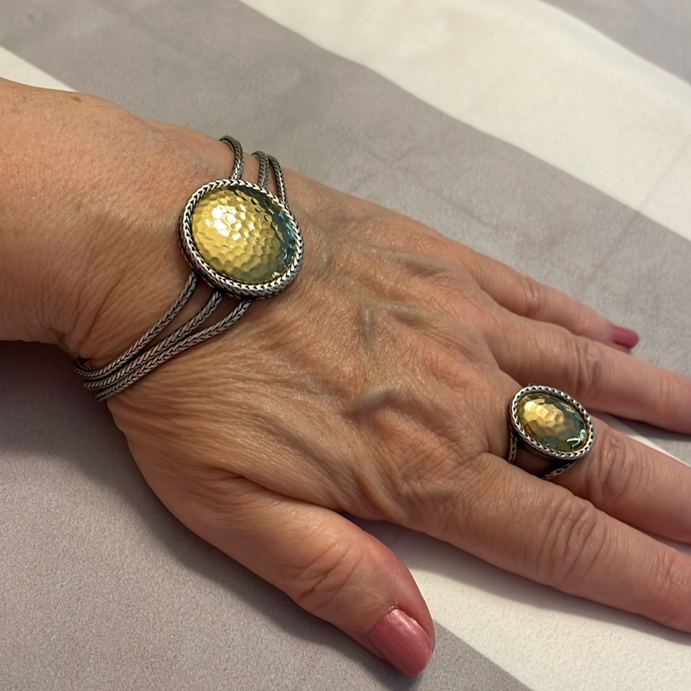 Vintage Premier Design Silver and Gold Hammered Bracelet and Ring Set